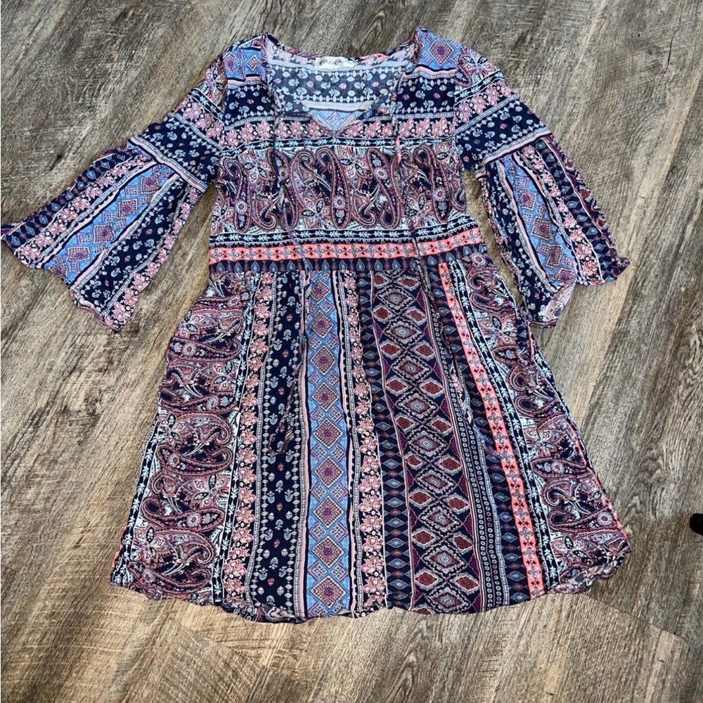 Bohemian Paisley Mini Dress in Blue and Pink